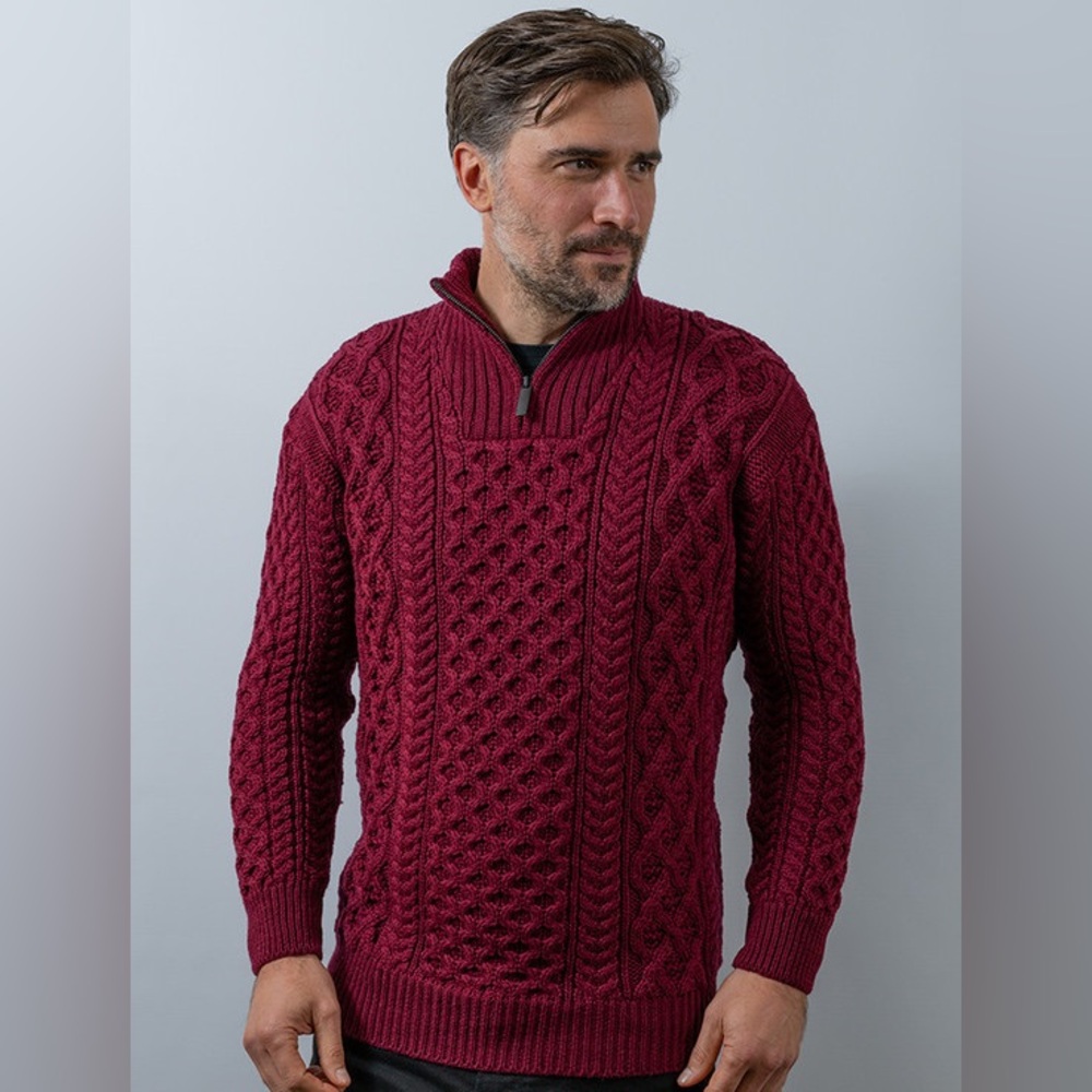 ‎‎Aran Crafts Merino‎ Wo‎ol Cable Knit Aran Sweater Troyer Claret Size Medium